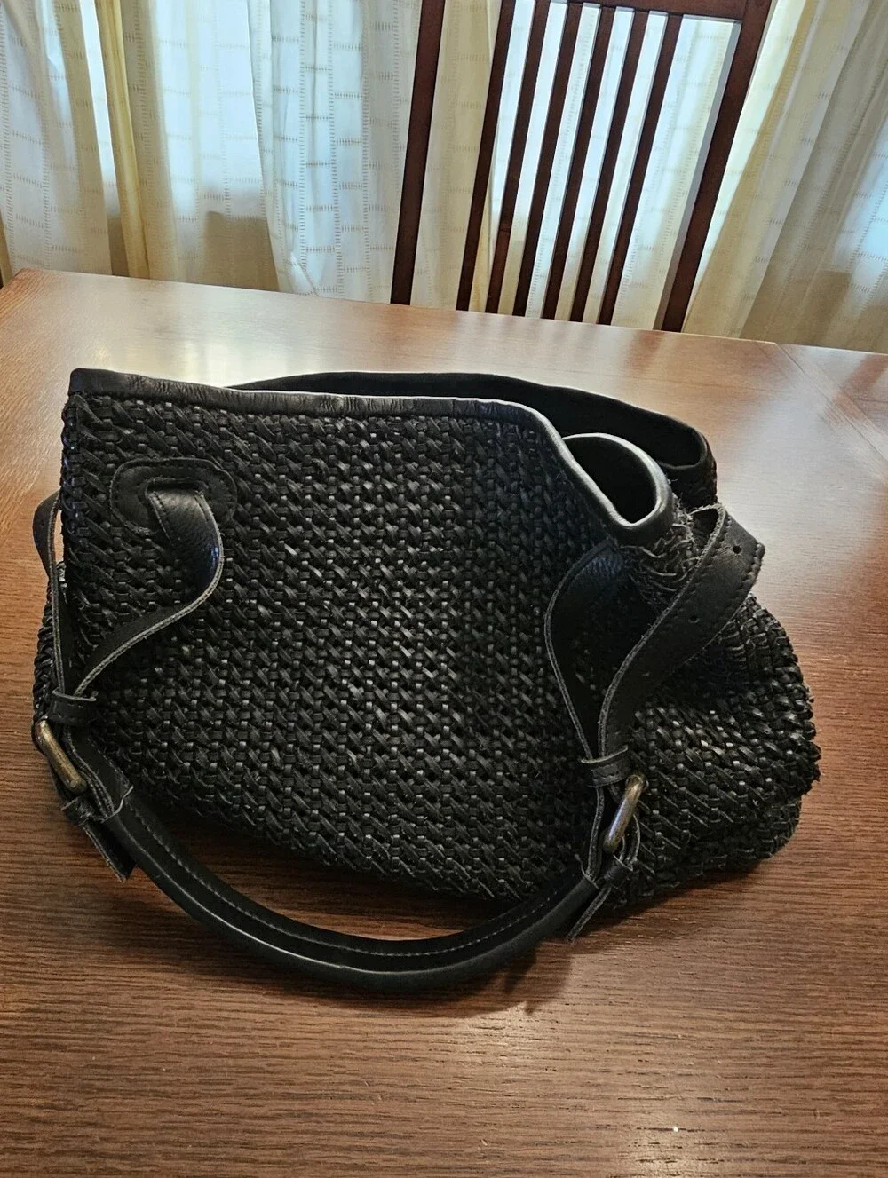Platania Made In Italy Leather Basketweave Shoulder Hobo Black